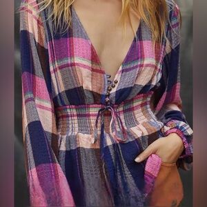 NWOT. Anthropologie Pilcro Plaid Deep-V Smocked Flannel Blouse - Small